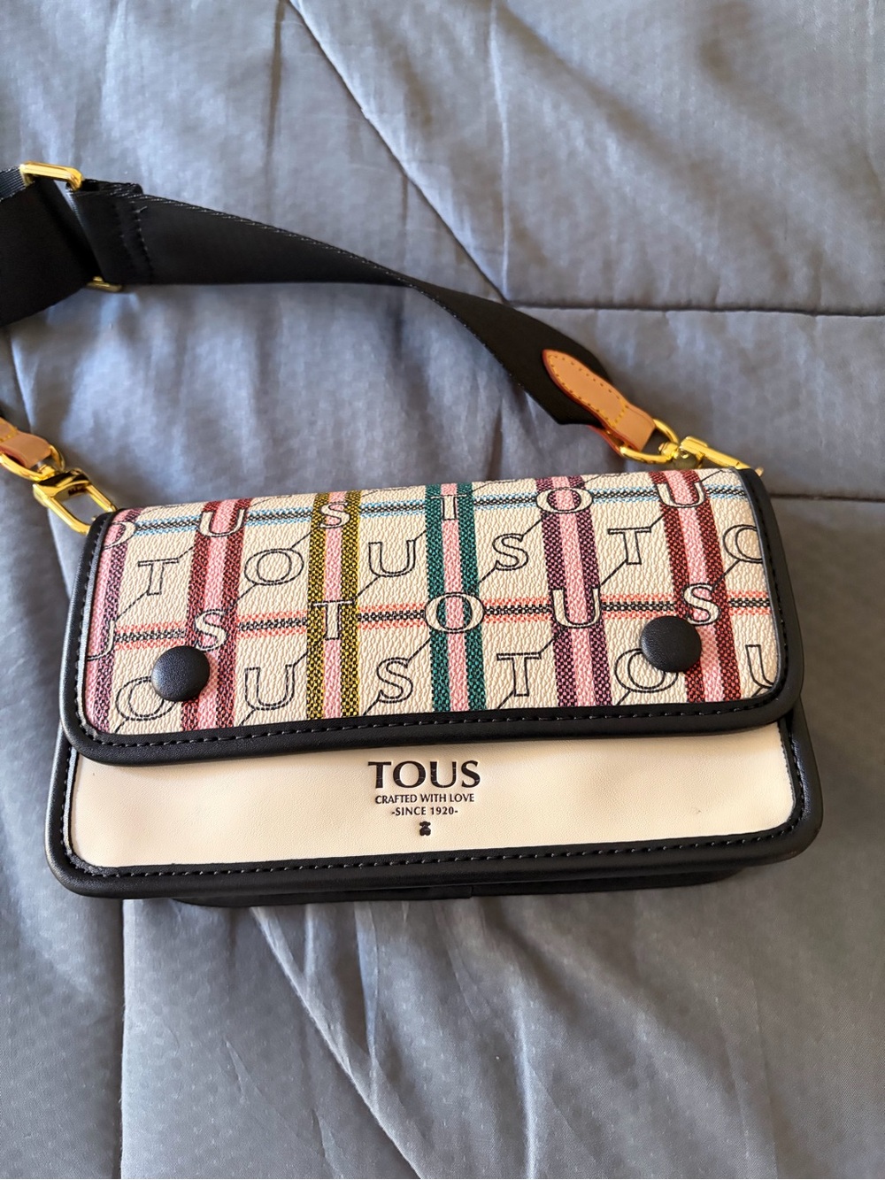 TOUS Multicolor Stripe Canvas & Cream Crossbody with Black Trim
